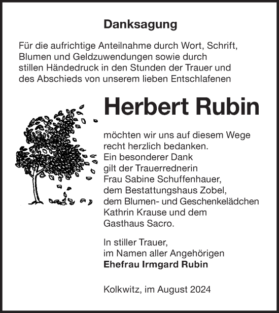 Traueranzeige von Herbert Rubin von Lausitzer Rundschau