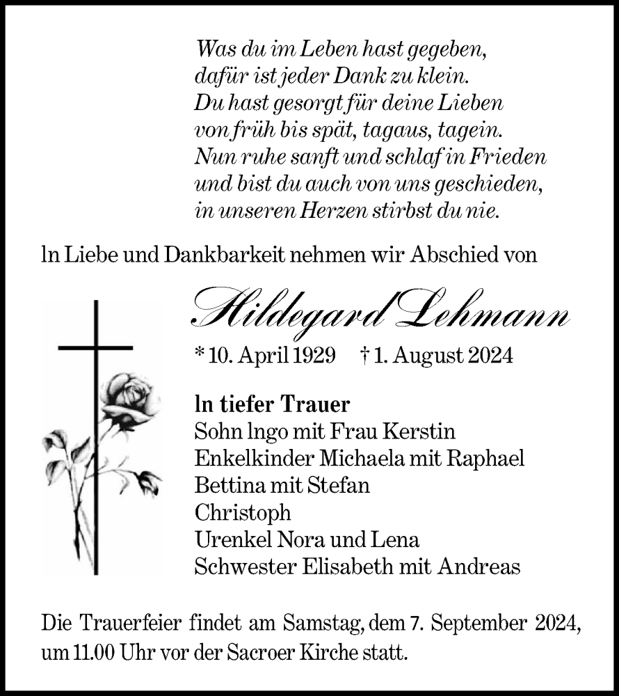  Traueranzeige für Hildegard Lehmann vom 17.08.2024 aus Lausitzer Rundschau