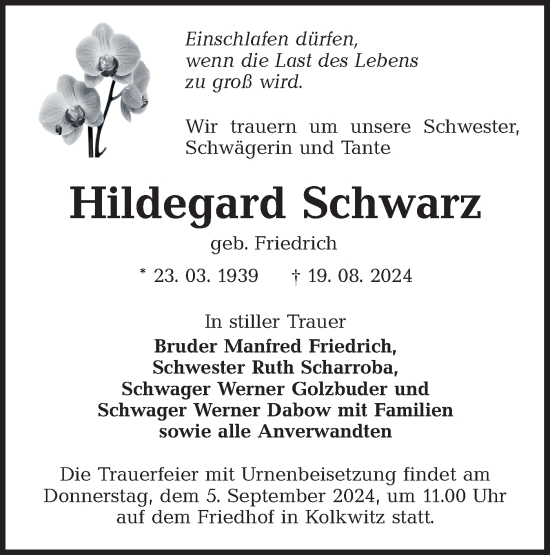Traueranzeige von Hildegard Schwarz von Lausitzer Rundschau