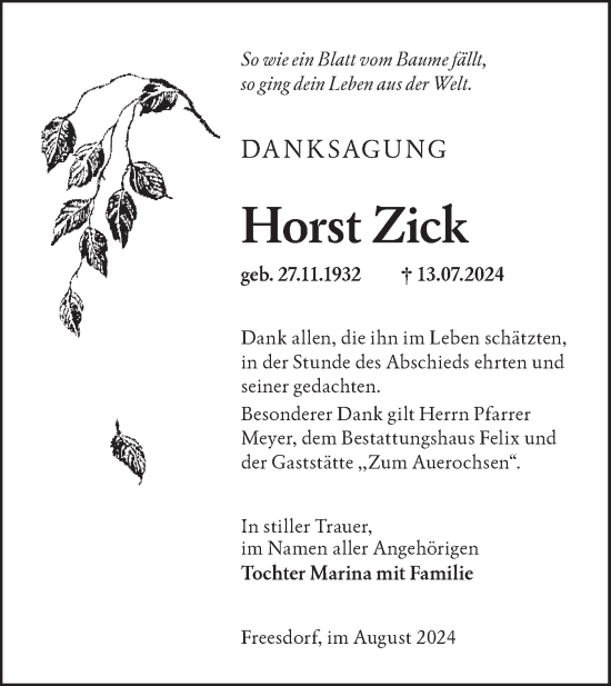 Traueranzeige von Horst Zick von Lausitzer Rundschau