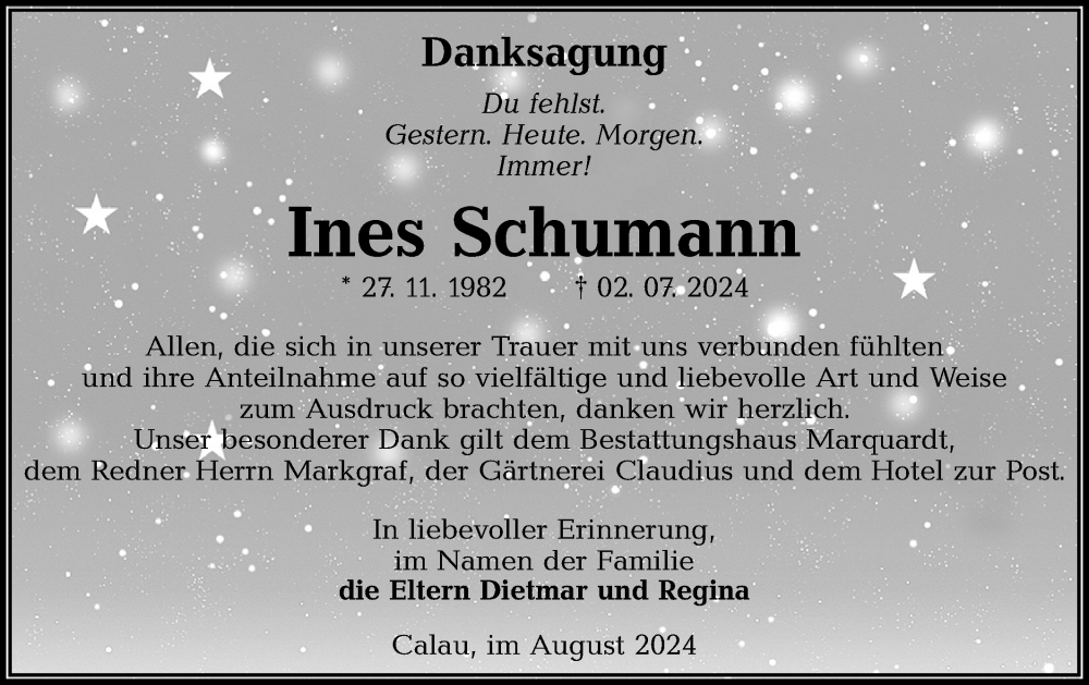  Traueranzeige für Ines Schumann vom 24.08.2024 aus Lausitzer Rundschau