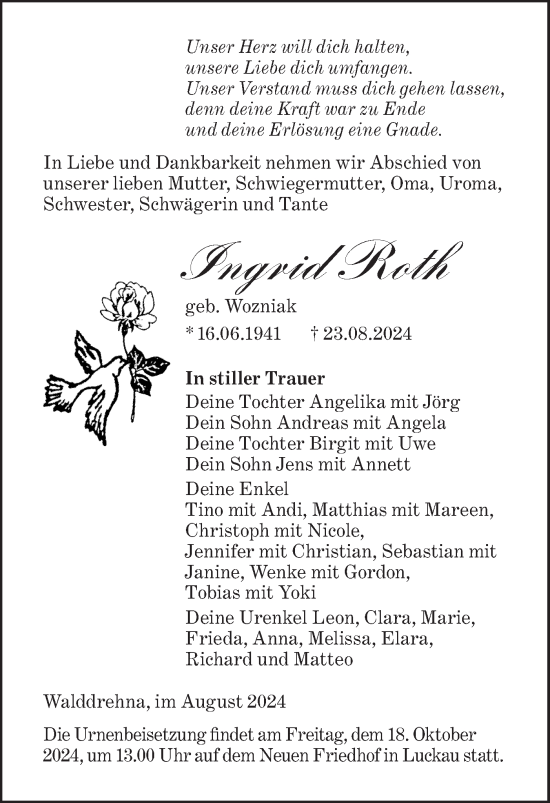 Traueranzeige von Ingrid Roth von Lausitzer Rundschau