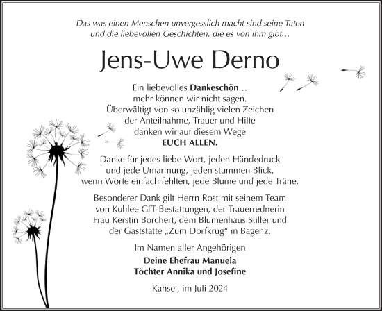 Traueranzeige von Jens-Uwe Derno von Lausitzer Rundschau