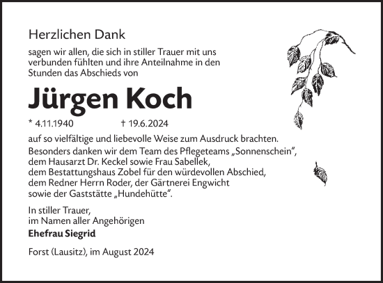 Traueranzeige von Jürgen Koch von Lausitzer Rundschau