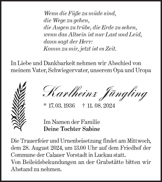 Traueranzeige von Karlheinz Jüngling von Lausitzer Rundschau