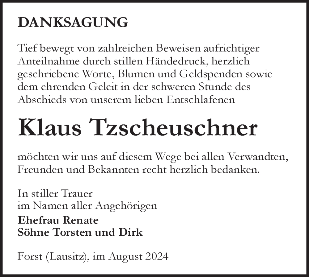  Traueranzeige für Klaus Tzscheuschner vom 24.08.2024 aus Lausitzer Rundschau