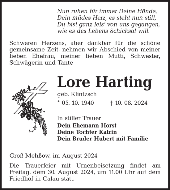 Traueranzeige von Lore Harting von Lausitzer Rundschau
