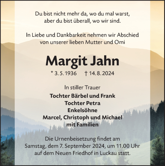 Traueranzeige von Margit Jahn von Lausitzer Rundschau