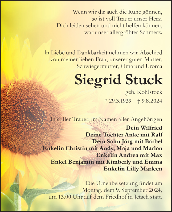 Traueranzeige von Siegrid Stuck von Lausitzer Rundschau
