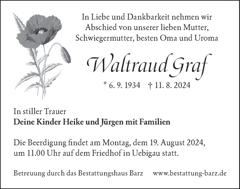  Traueranzeige für Waltraud Graf vom 17.08.2024 aus Lausitzer Rundschau