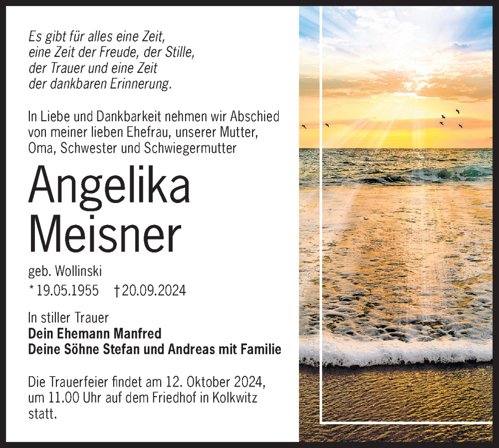  Traueranzeige für Angelika Meisner vom 27.09.2024 aus Lausitzer Rundschau