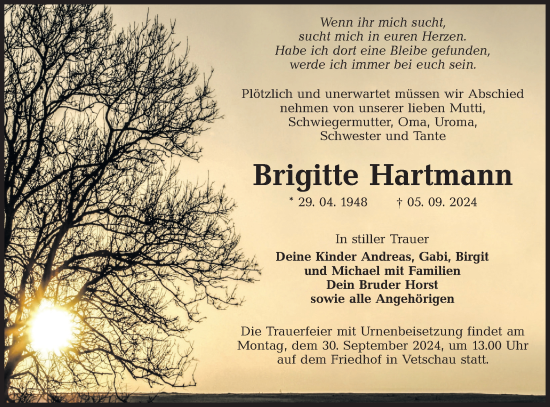 Traueranzeige von Brigitte Hartmann von Lausitzer Rundschau