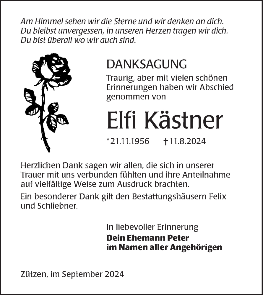  Traueranzeige für Elfi Kästner vom 21.09.2024 aus Lausitzer Rundschau