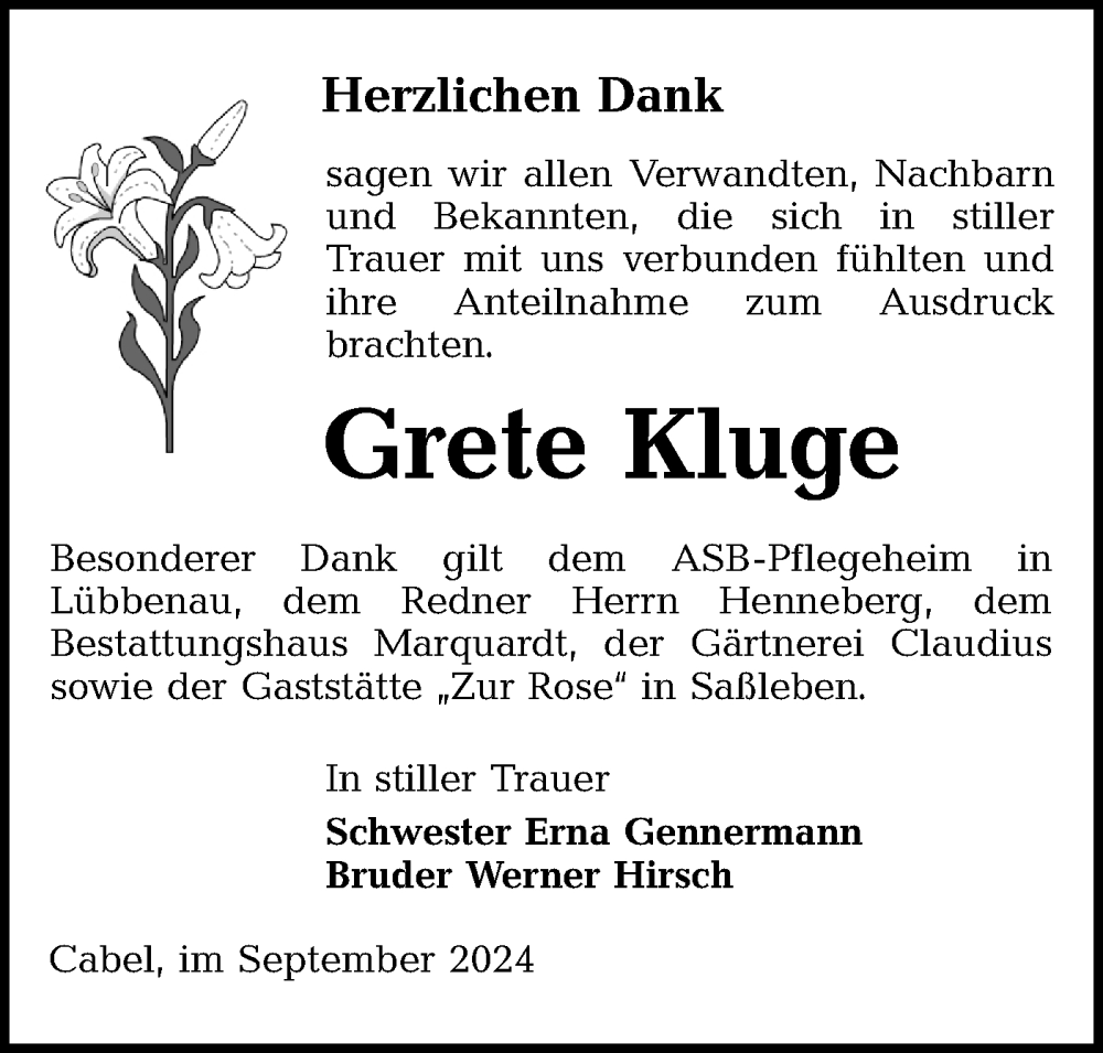  Traueranzeige für Grete Kluge vom 28.09.2024 aus Lausitzer Rundschau