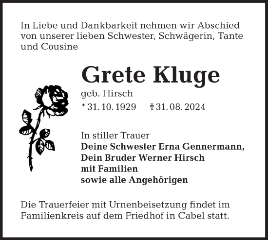 Traueranzeige von Grete Kluge von Lausitzer Rundschau