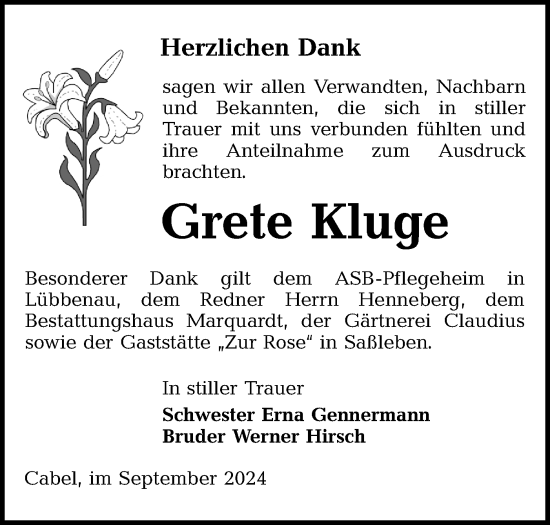 Traueranzeige von Grete Kluge von Lausitzer Rundschau