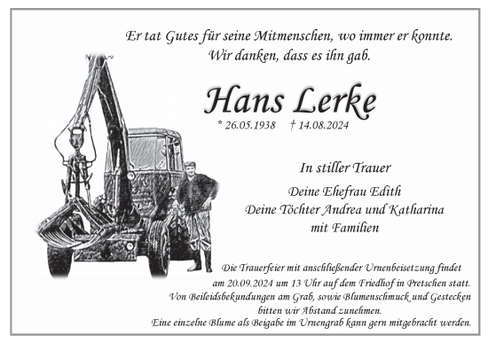 Traueranzeige von Hans Lerke von Lausitzer Rundschau