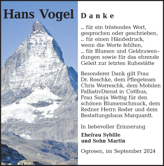 Traueranzeige von Hans Vogel von Lausitzer Rundschau