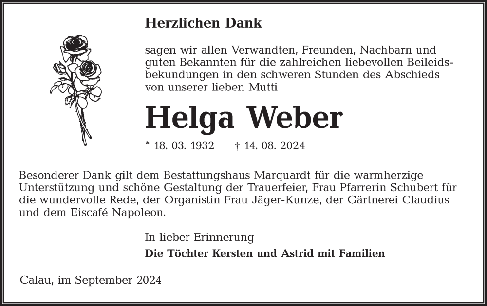 Traueranzeige für Helga Weber vom 28.09.2024 aus Lausitzer Rundschau