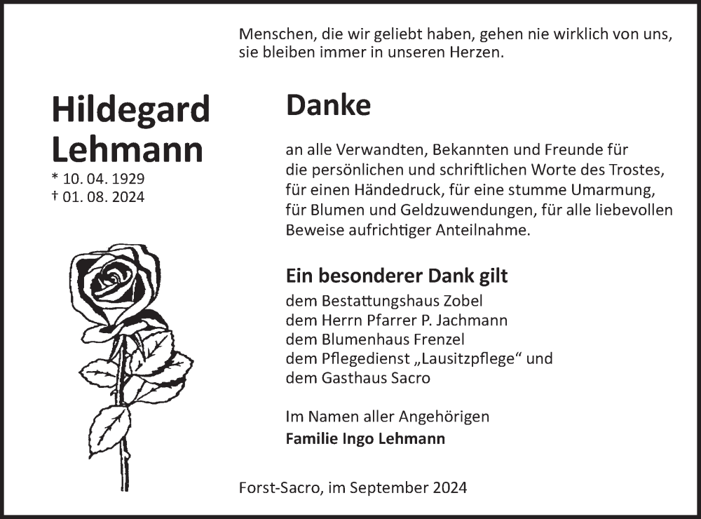  Traueranzeige für Hildegard Lehmann vom 18.09.2024 aus Lausitzer Rundschau