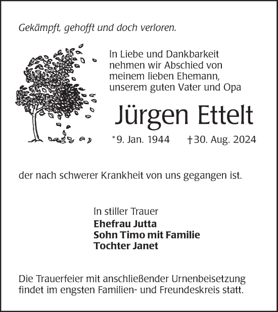 Traueranzeige von Jürgen Ettelt von Lausitzer Rundschau
