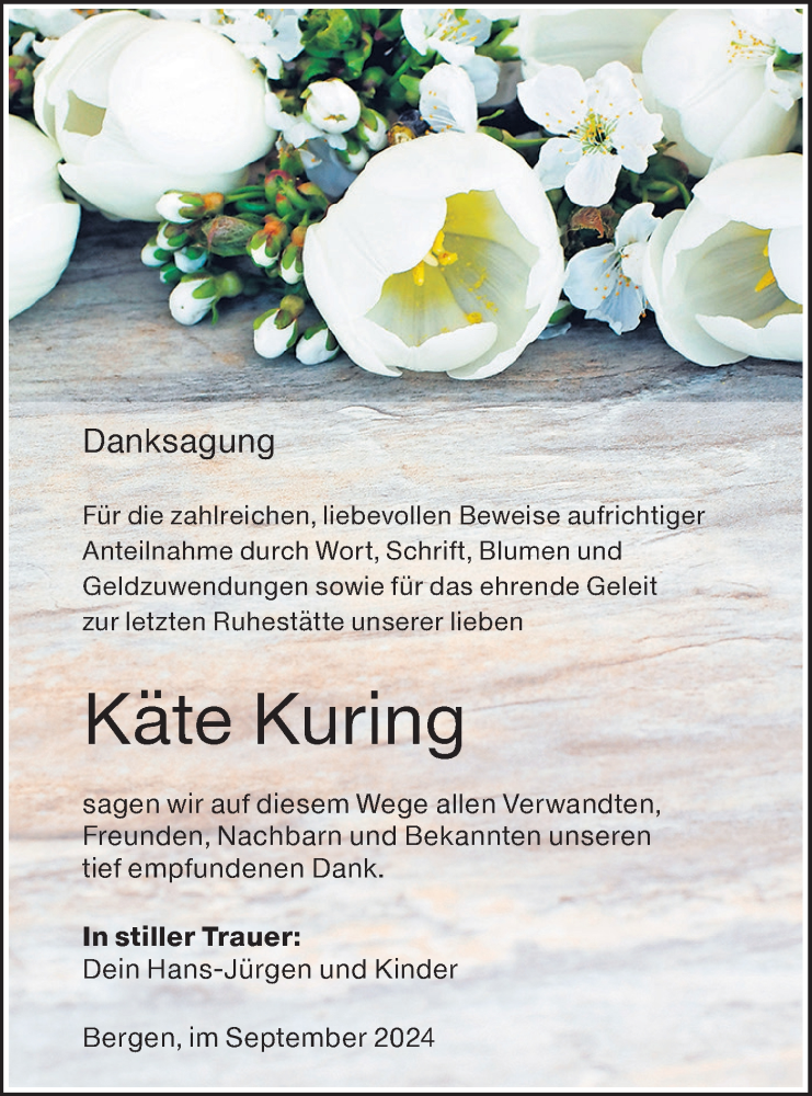  Traueranzeige für Käte Kuring vom 21.09.2024 aus Lausitzer Rundschau
