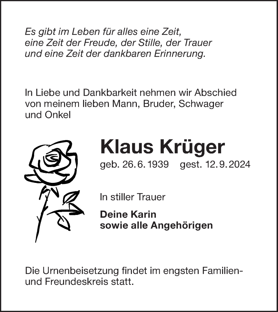  Traueranzeige für Klaus Krüger vom 21.09.2024 aus Lausitzer Rundschau