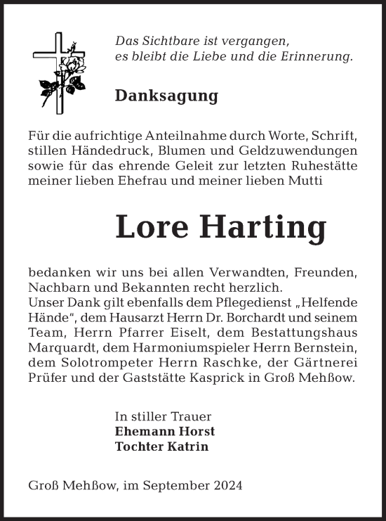 Traueranzeige von Lore Harting von Lausitzer Rundschau