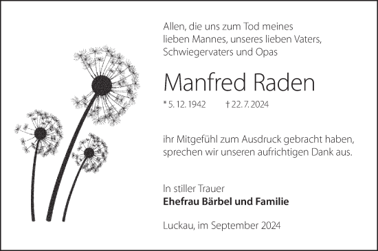 Traueranzeige von Manfred Raden von Lausitzer Rundschau