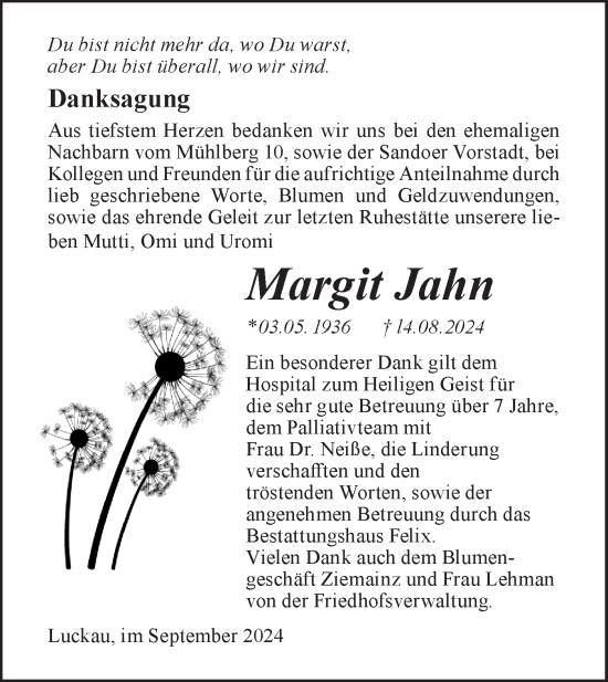 Traueranzeige von Margit Jahn von Lausitzer Rundschau