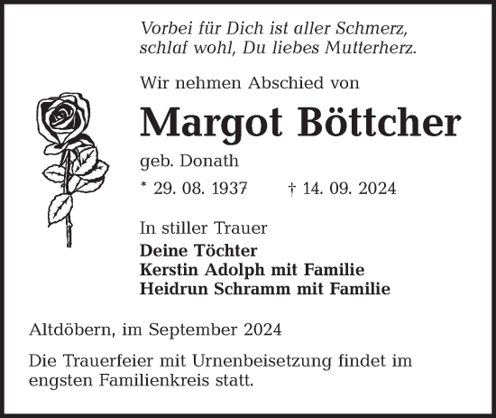 Traueranzeige von Margot Böttcher von Lausitzer Rundschau