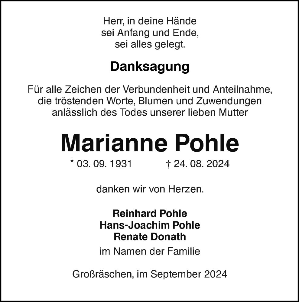  Traueranzeige für Marianne Pohle vom 14.09.2024 aus Lausitzer Rundschau