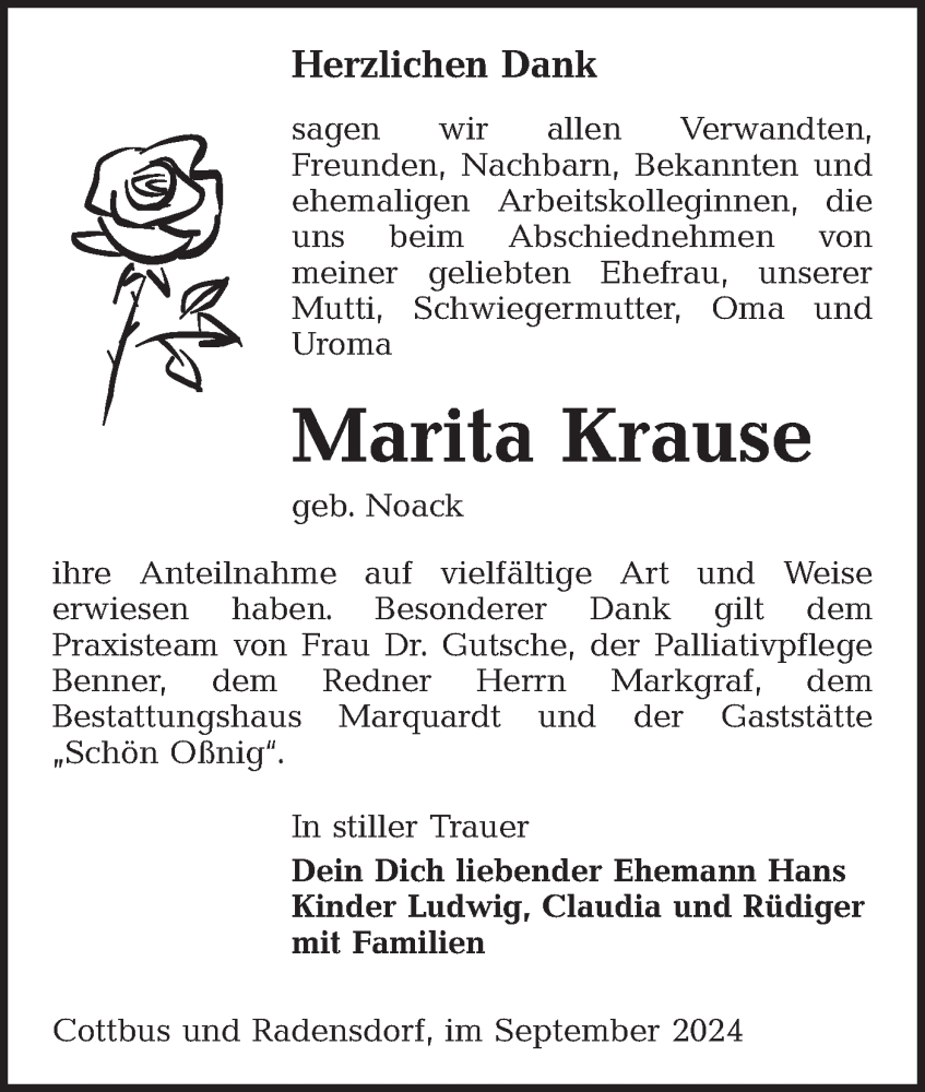  Traueranzeige für Marita Krause vom 06.09.2024 aus Lausitzer Rundschau