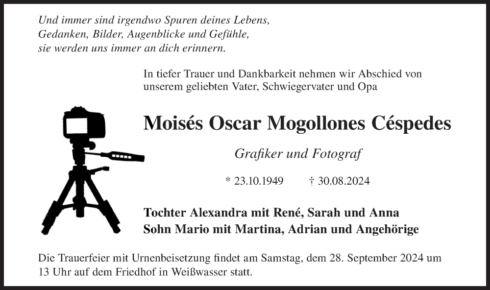  Traueranzeige für Moises Oscar Mogollones Cespedes vom 14.09.2024 aus Lausitzer Rundschau
