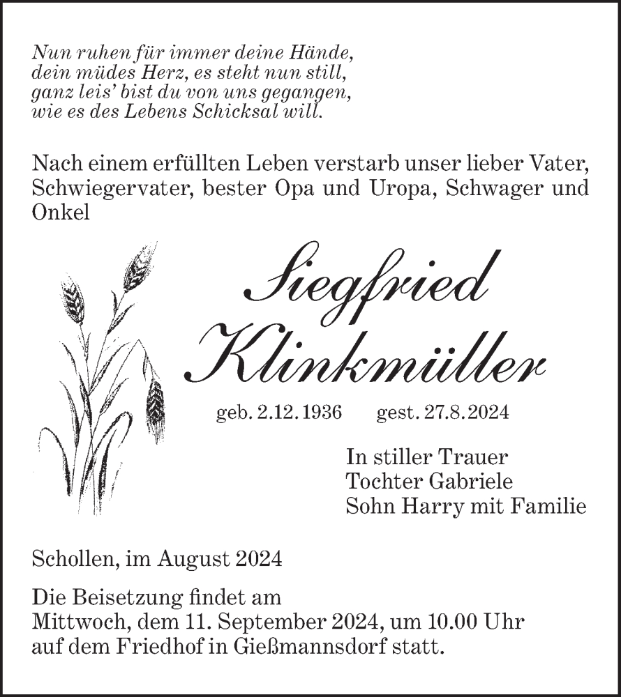  Traueranzeige für Siegfried Klinkmüller vom 07.09.2024 aus Lausitzer Rundschau
