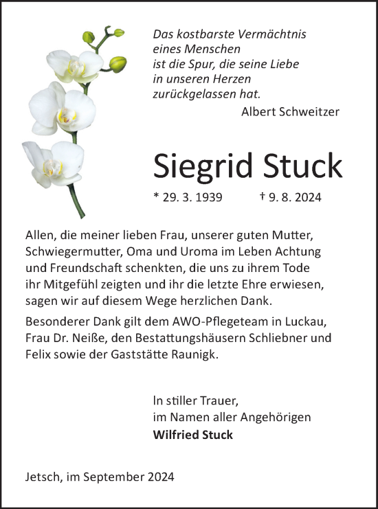 Traueranzeige von Siegrid Stuck von Lausitzer Rundschau
