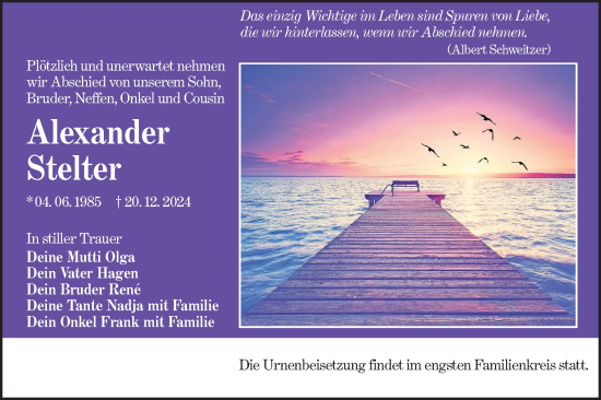Traueranzeige von Alexander Stelter von Lausitzer Rundschau