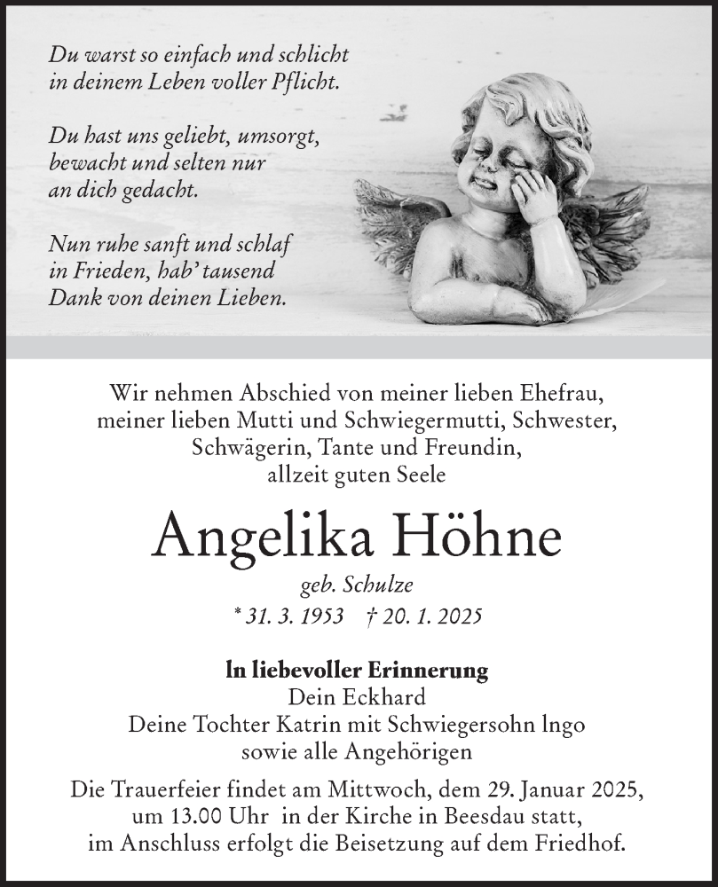  Traueranzeige für Angelika Höhne vom 25.01.2025 aus Lausitzer Rundschau