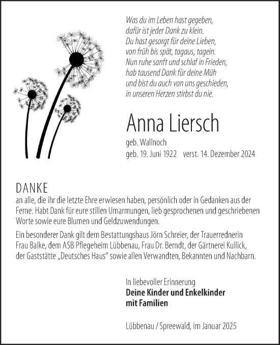 Traueranzeige von Anna Liersch von Lausitzer Rundschau