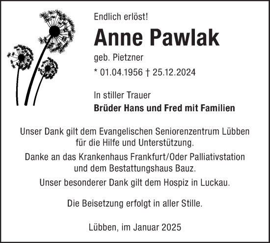 Traueranzeige von Anne Pawlak von Lausitzer Rundschau