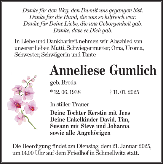 Traueranzeige von Anneliese Gumlich von Lausitzer Rundschau