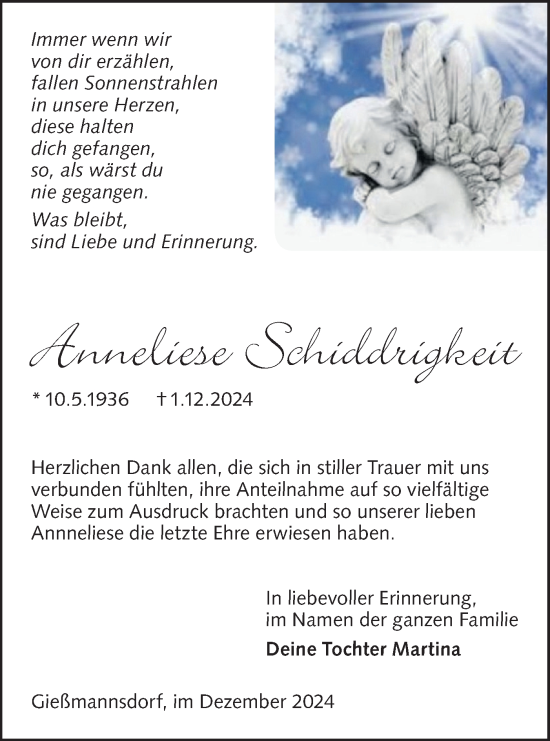 Traueranzeige von Anneliese Schiddrigkeit von Lausitzer Rundschau