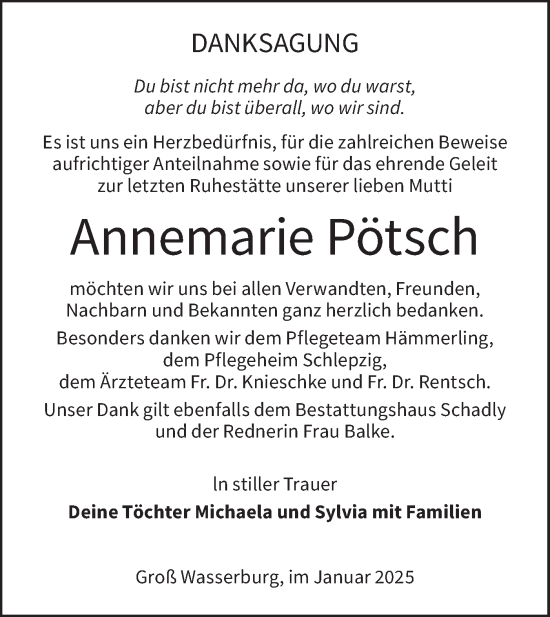 Traueranzeige von Annemarie Pötsch von Lausitzer Rundschau