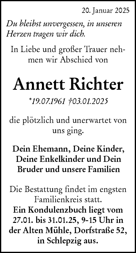 Traueranzeige von Annett Richter von Lausitzer Rundschau
