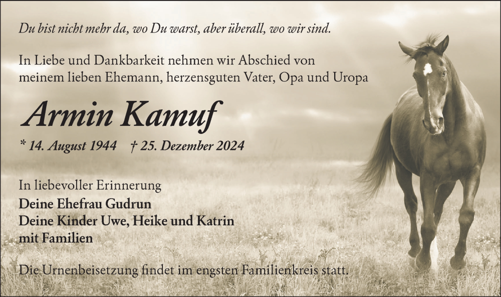  Traueranzeige für Armin Kamuf vom 11.01.2025 aus Lausitzer Rundschau