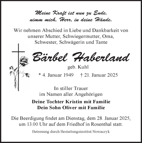 Traueranzeige von Bärbel Haberland von Lausitzer Rundschau