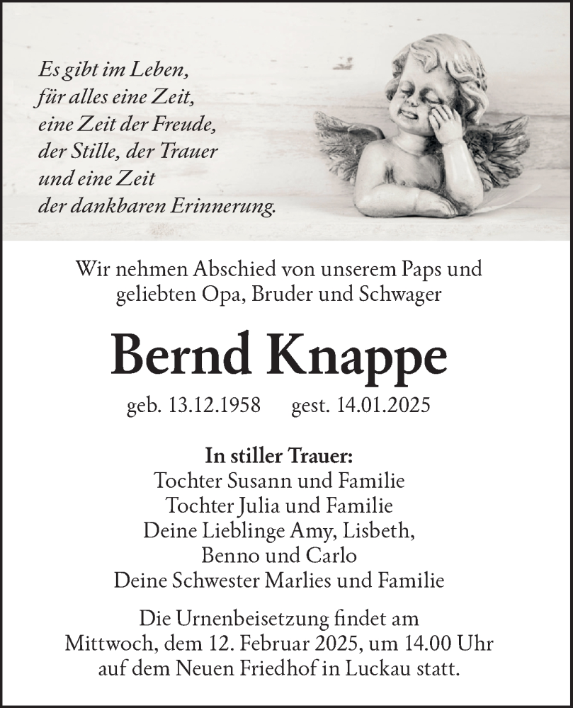  Traueranzeige für Bernd Knappe vom 25.01.2025 aus Lausitzer Rundschau