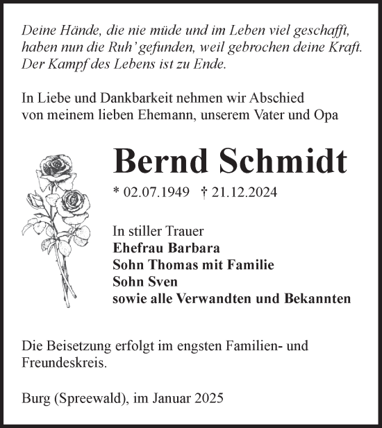 Traueranzeige von Bernd Schmidt von Lausitzer Rundschau