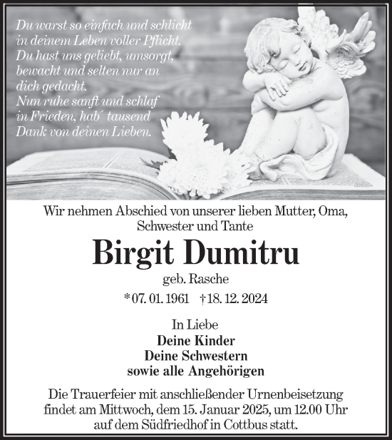 Traueranzeige von Birgit Dumitru von Lausitzer Rundschau