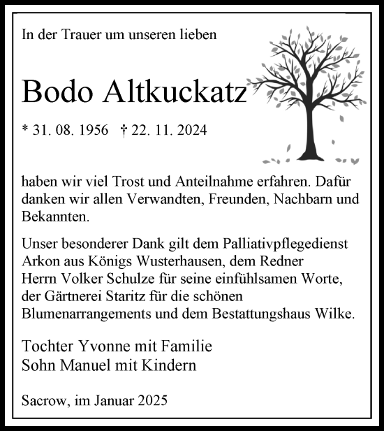 Traueranzeige von Bodo Altkuckatz von Lausitzer Rundschau